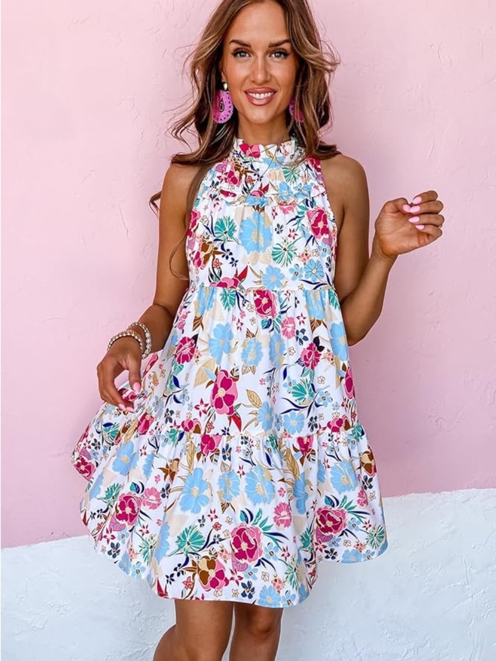 009. Floral Tiered Sundress - White with Pink & Blue Flowers